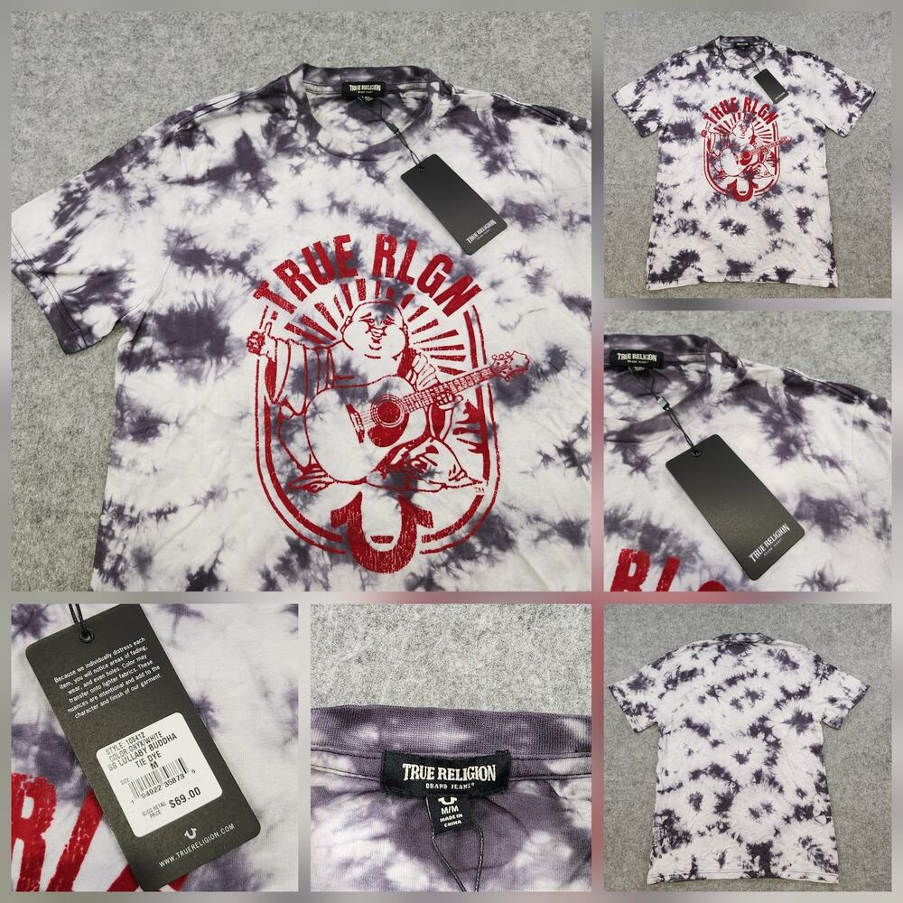True Religion Shirt Mens Medium Tie Dye Onyx White SS Lullaby Buddha Graphic Tee
